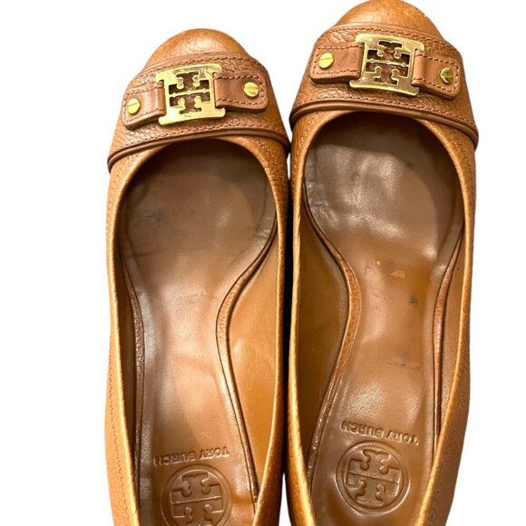 Tory Burch Natalya Pebbled Leather Saddle Brown Pumps Wedges - Picture 5 of 10